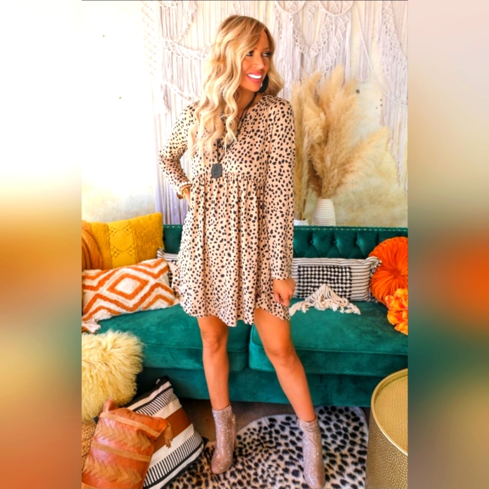 Leopard Long Sleeve Babydoll Dress